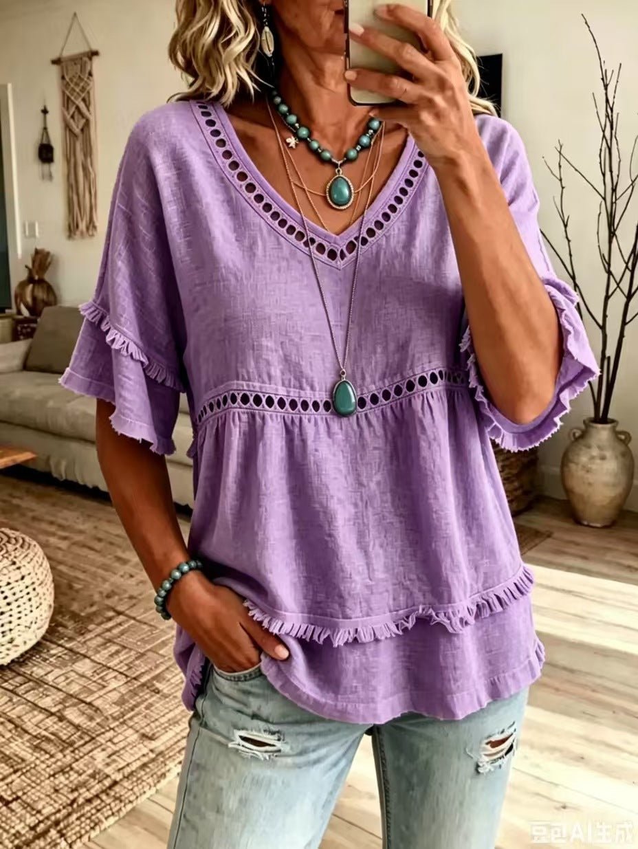 2026 Women's European And American Spring And Summer New Elegant Casual V-neck Solid Color Short Sleeved Women's Shirt | Mode