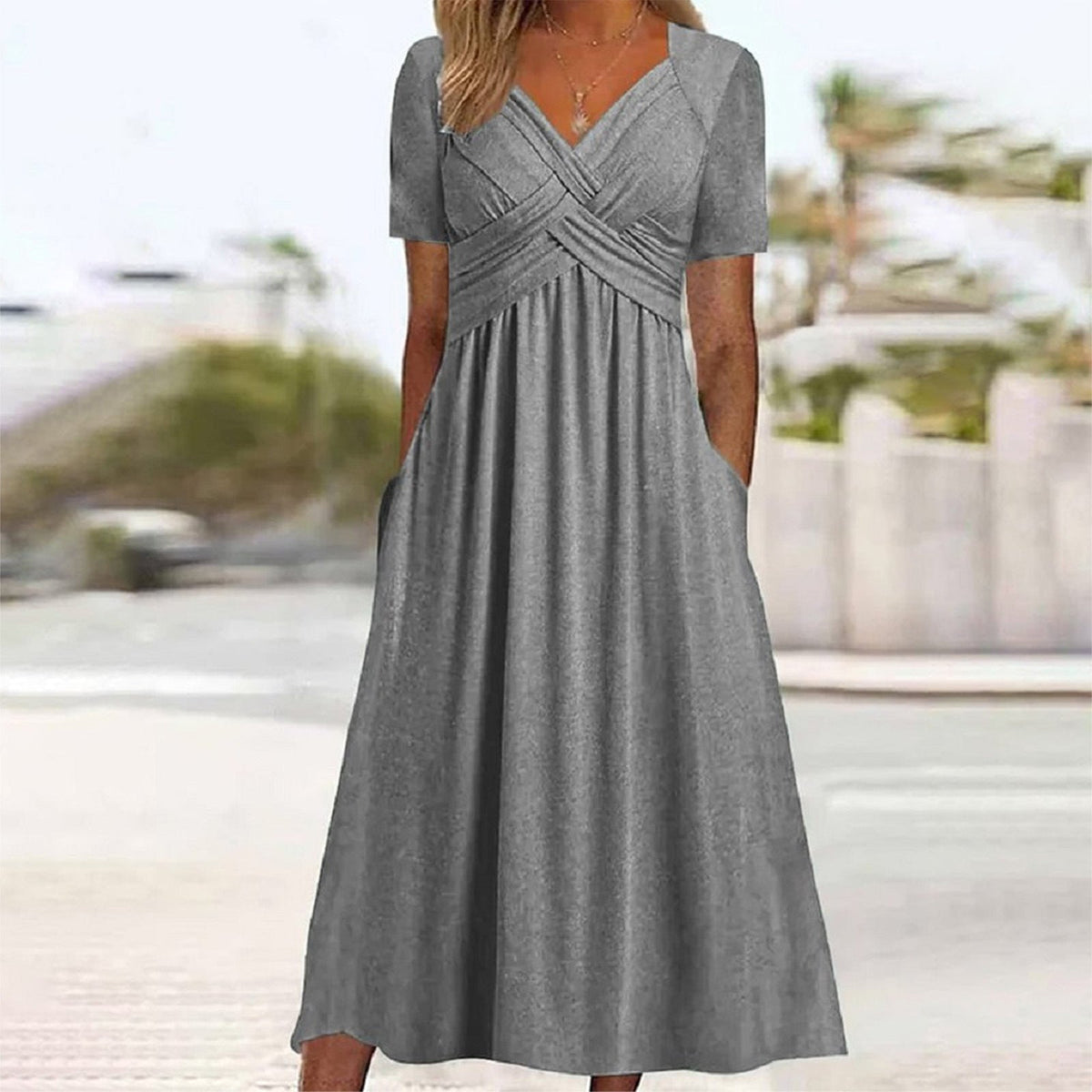 Women Fall Solid Color Round Neck Short Sleeve Pullover ALine Swing Dress Elegant Casual Dress | Mode
