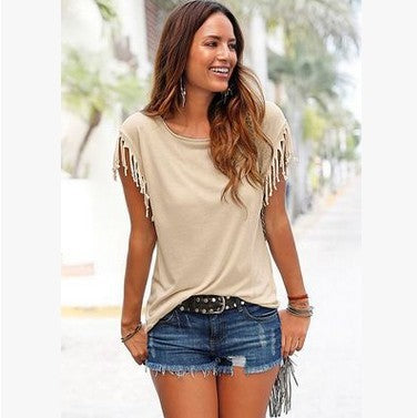 Wish quick sale eBay ladies Europe and America big size round neck short sleeve cuffs tassel T-shirt cotton tops | Mode