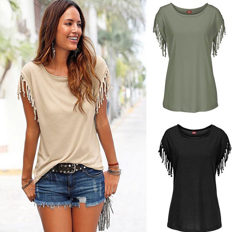 Wish quick sale eBay ladies Europe and America big size round neck short sleeve cuffs tassel T-shirt cotton tops | Mode