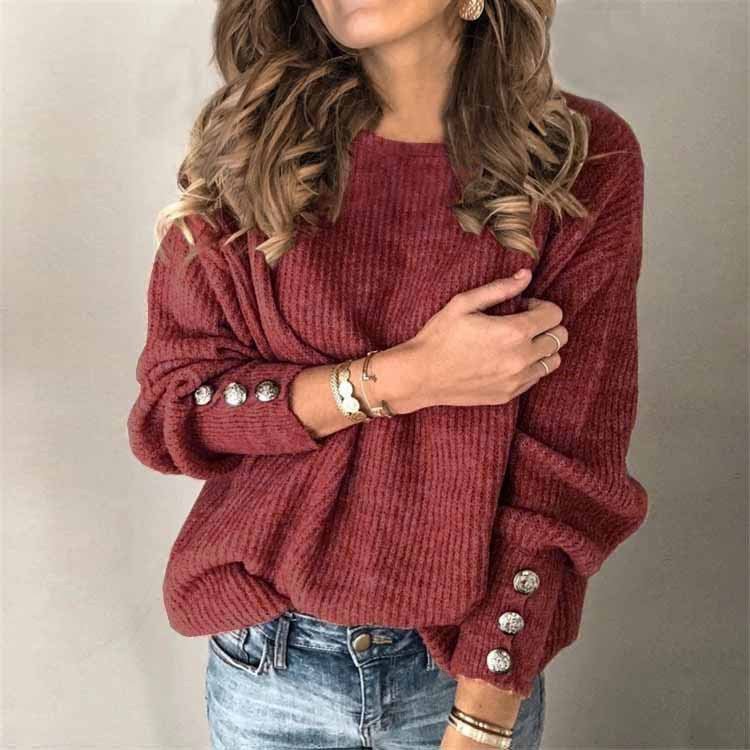 Long Sleeve Round Neck Button Knit T-shirt | Mode