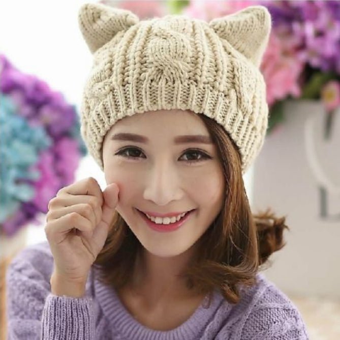 Hand Made 3D Cute Knitted Cat Ear Beanie For Winter | Mode