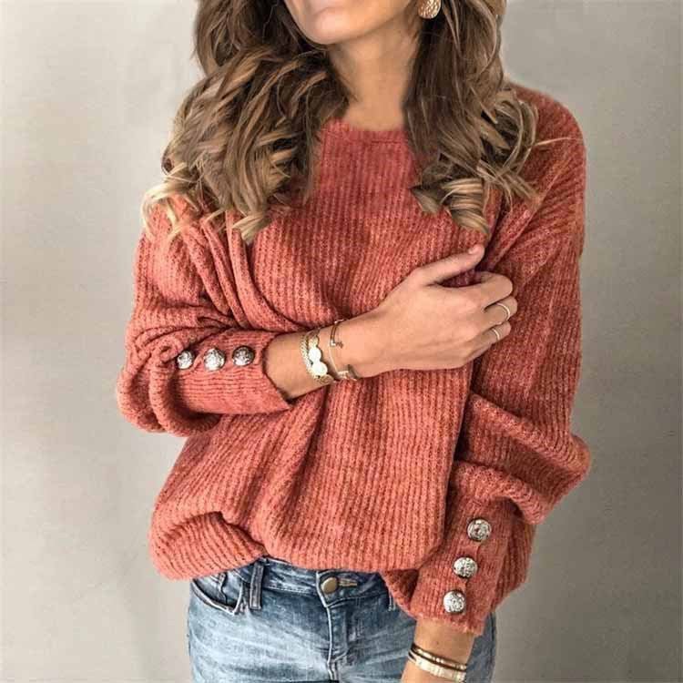 Long Sleeve Round Neck Button Knit T-shirt | Mode
