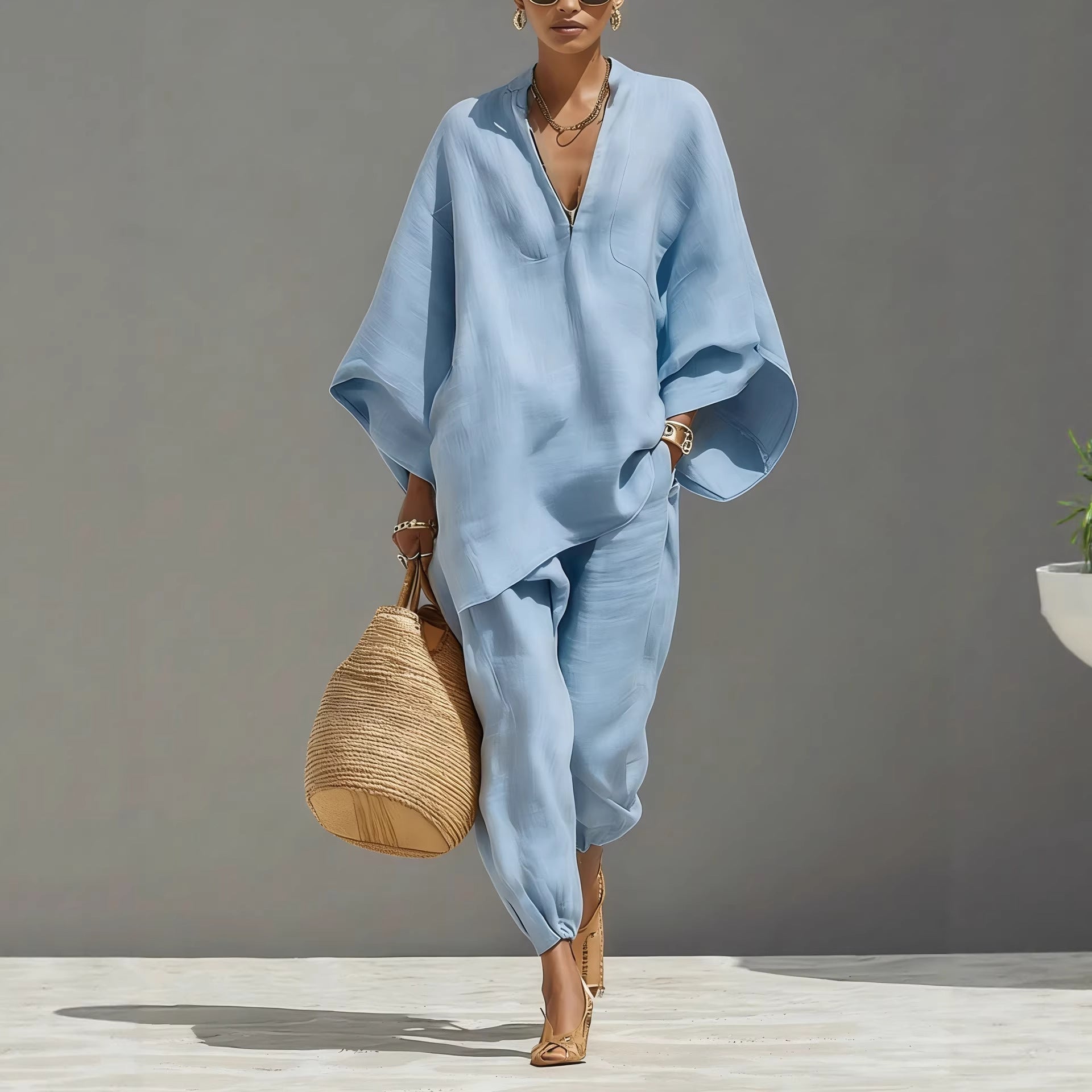 Cross-border European And American Spring And Summer Fashion Women's Casual-style Batwing Sleeve V-neck Loose Lazy-fit Set | Mode