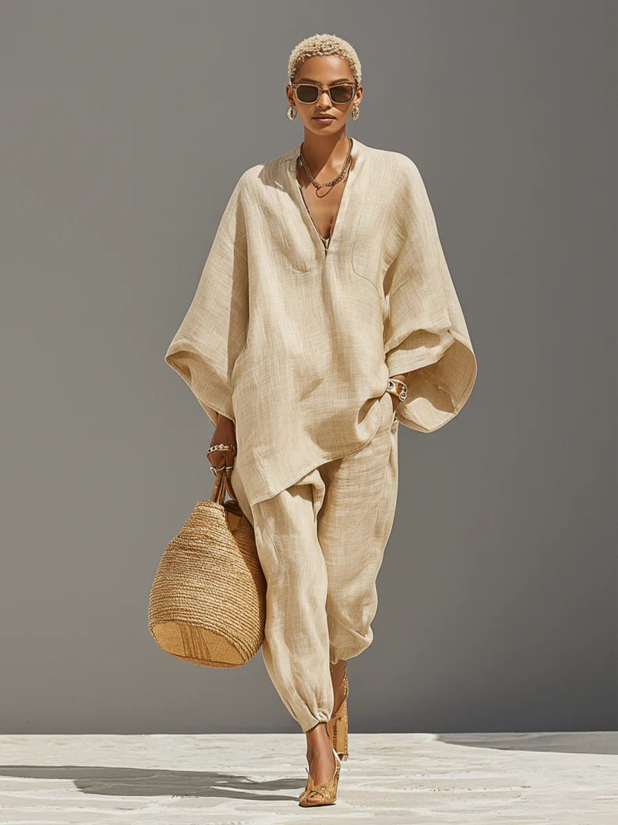 Cross-border European And American Spring And Summer Fashion Women's Casual-style Batwing Sleeve V-neck Loose Lazy-fit Set | Mode