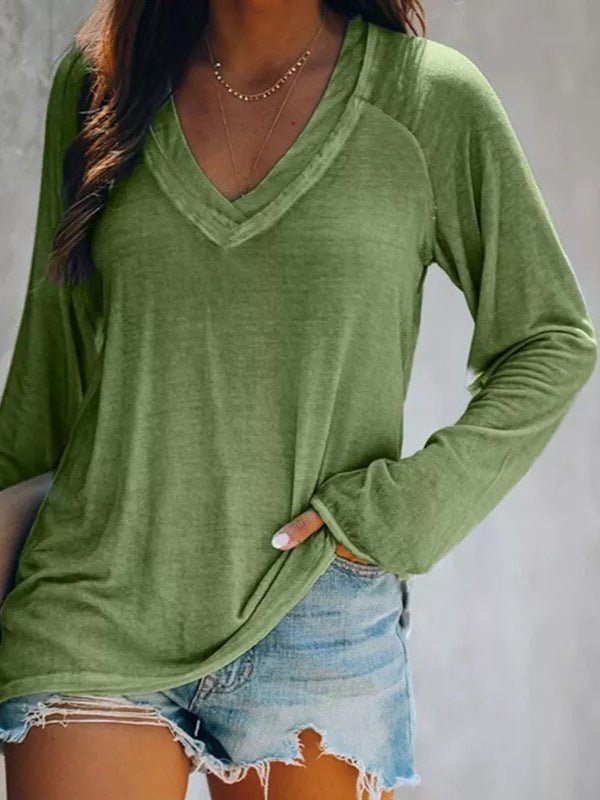 2026 Women's Autumn New European And American Comfortable Solid Color Outerwear Bottom Casual Long Sleeve V-neck Hooded T-shirt | Mode