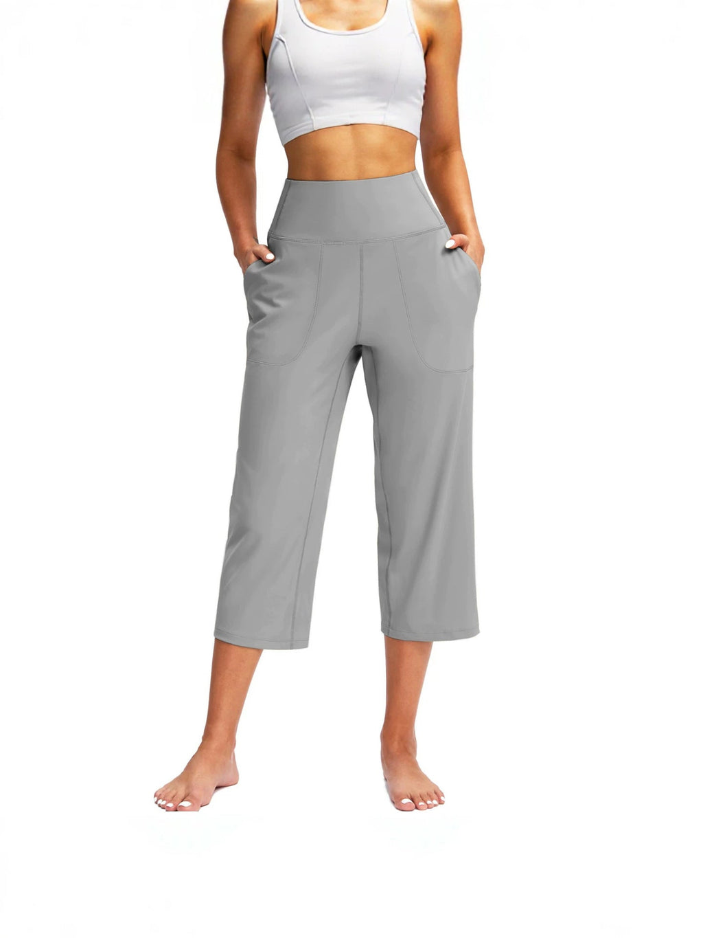 2026 Cross-Border European And American Women's Fashion Solid Color Wide-Leg Cropped Pants With Pockets, High-Waisted Tummy Control Sports Yoga Pants | Mode