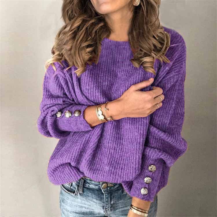 Long Sleeve Round Neck Button Knit T-shirt | Mode