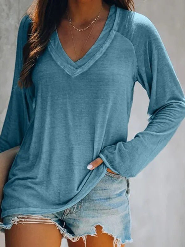 2026 Women's Autumn New European And American Comfortable Solid Color Outerwear Bottom Casual Long Sleeve V-neck Hooded T-shirt | Mode