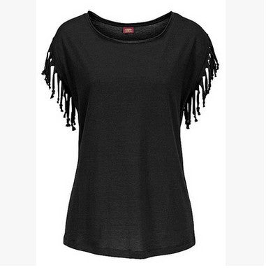 Wish quick sale eBay ladies Europe and America big size round neck short sleeve cuffs tassel T-shirt cotton tops | Mode