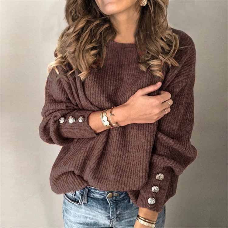 Long Sleeve Round Neck Button Knit T-shirt | Mode