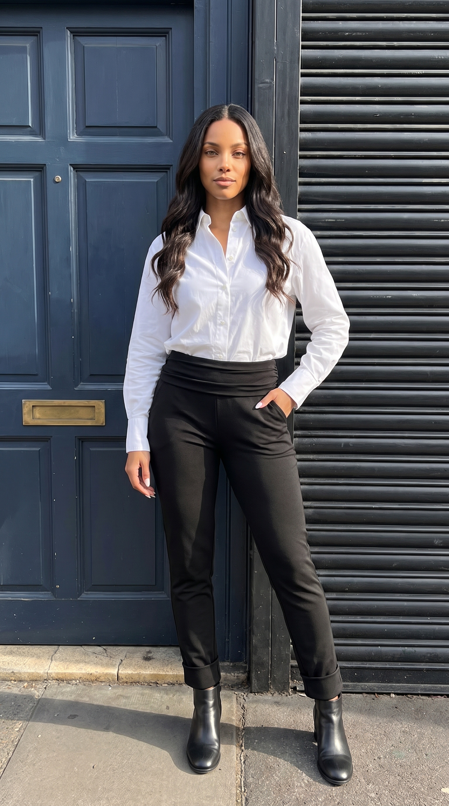 Women Fold Over Ruched Waist Slim Casual Trousers
