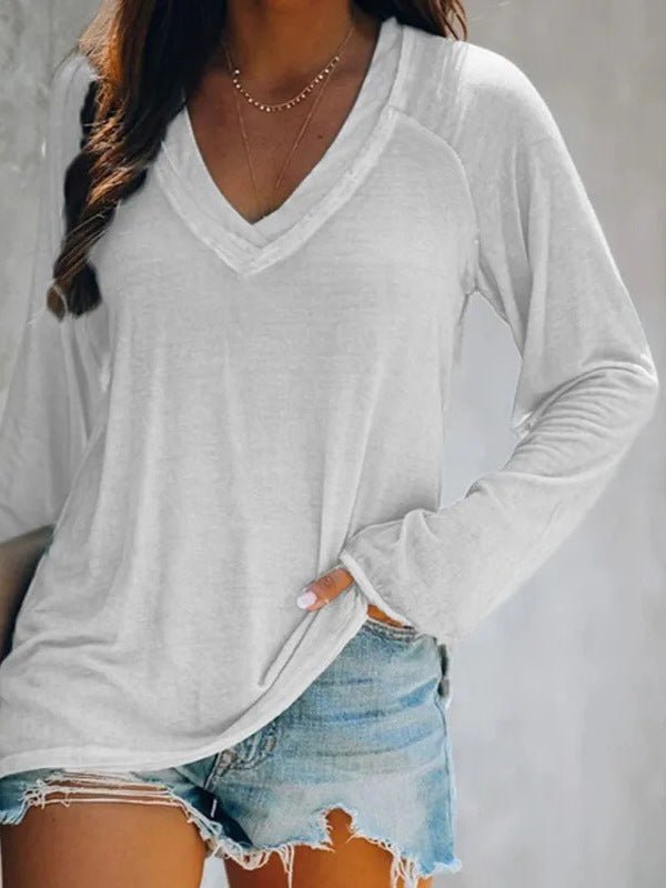 2026 Women's Autumn New European And American Comfortable Solid Color Outerwear Bottom Casual Long Sleeve V-neck Hooded T-shirt | Mode