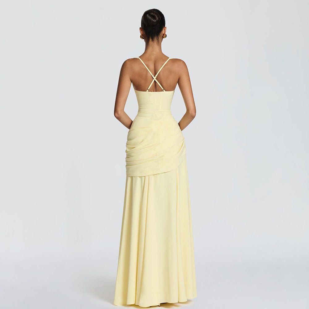 European And American Style Women's Spring New Solid Color Low-Cut Ruffled Strap Waist-Cinching Backless Dress Wholesale | Mode