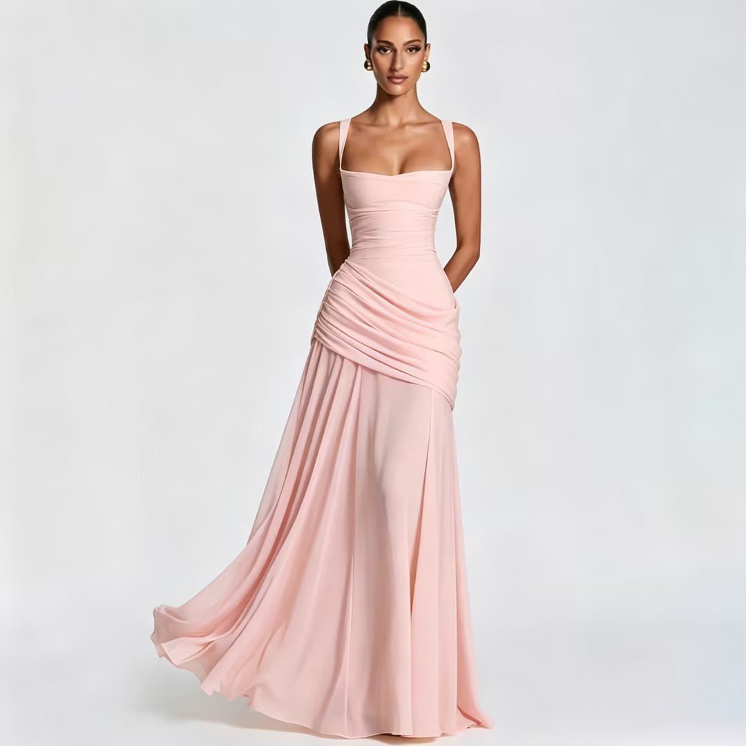 European And American Style Women's Spring New Solid Color Low-Cut Ruffled Strap Waist-Cinching Backless Dress Wholesale | Mode