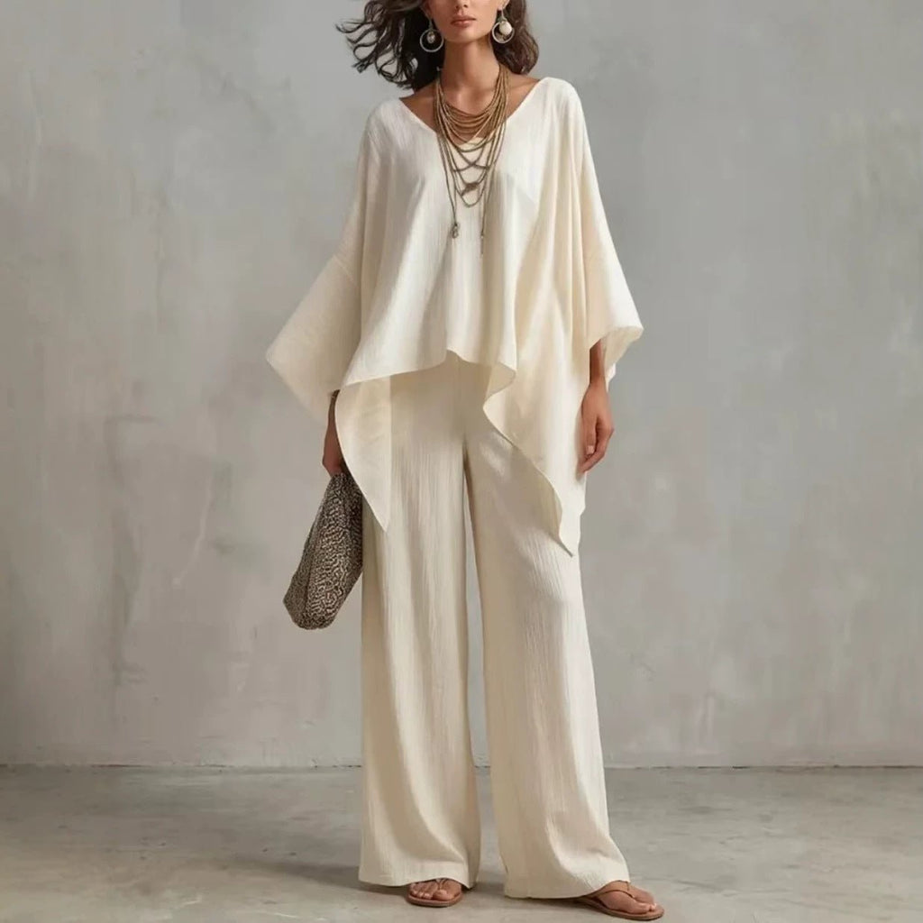 Women Cotton Linen 2 Piece Outfit, V Neck Batwing Sleeve Asymmetric Top  Wide Leg Pants Set, Casual Loose Elegant Summer Co Ord Set | Mode